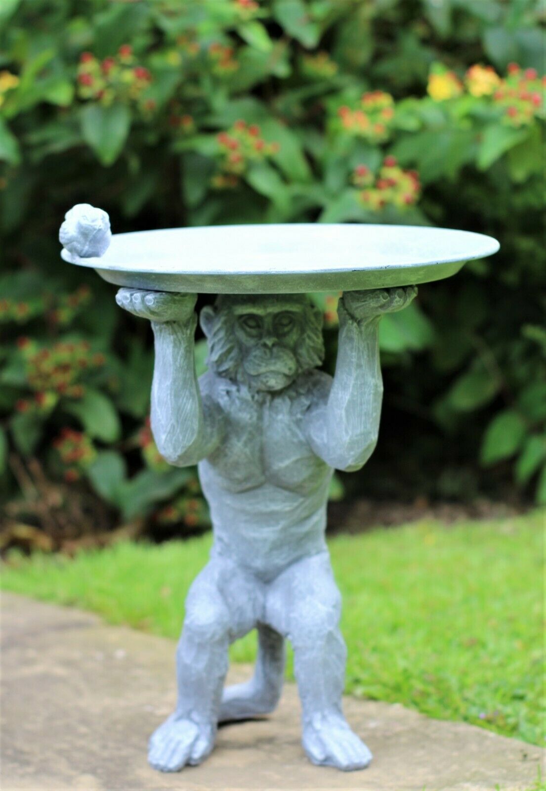 Grey Monkey Garden Ornament with Bird & Bath Feeder - Image 3