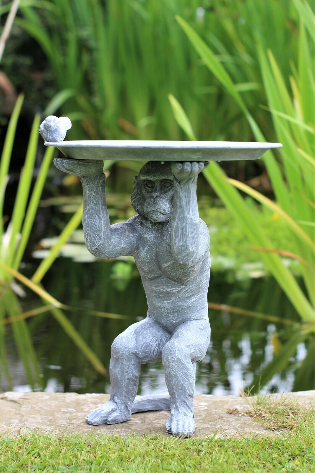 Grey Monkey Garden Ornament with Bird & Bath Feeder - Image 9