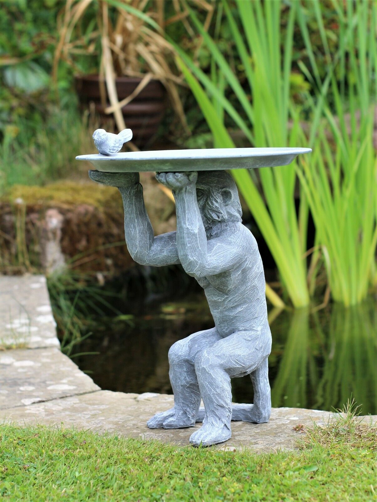 Grey Monkey Garden Ornament with Bird & Bath Feeder - Image 7