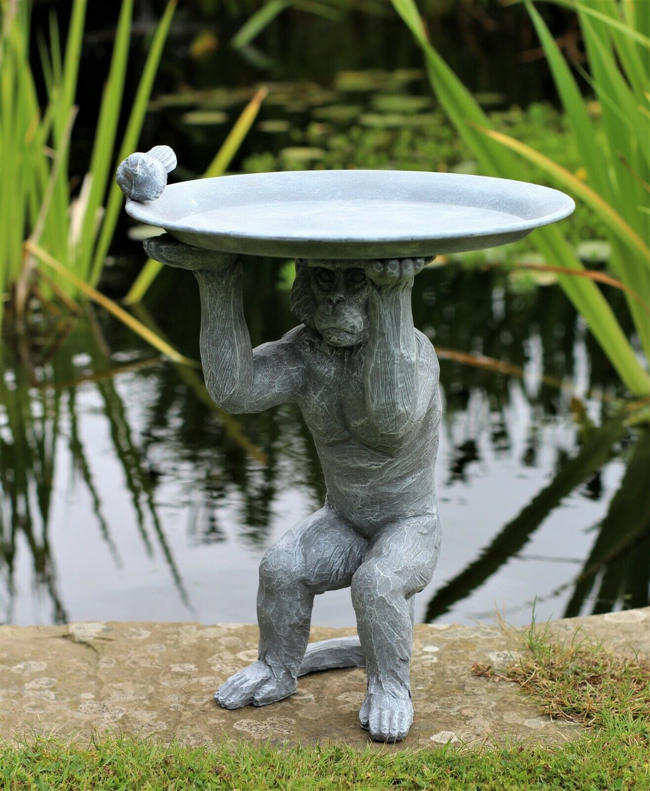 Grey Monkey Garden Ornament with Bird & Bath Feeder - Image 8