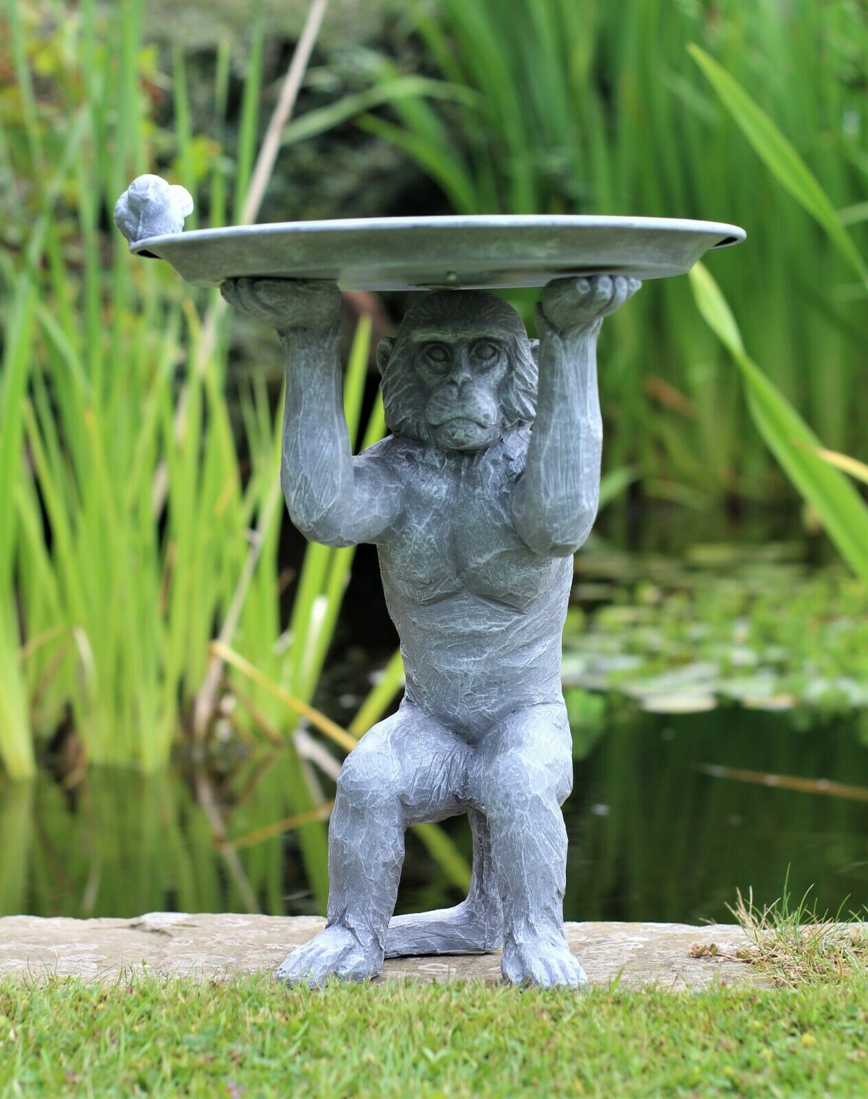 Grey Monkey Garden Ornament with Bird & Bath Feeder - Image 2