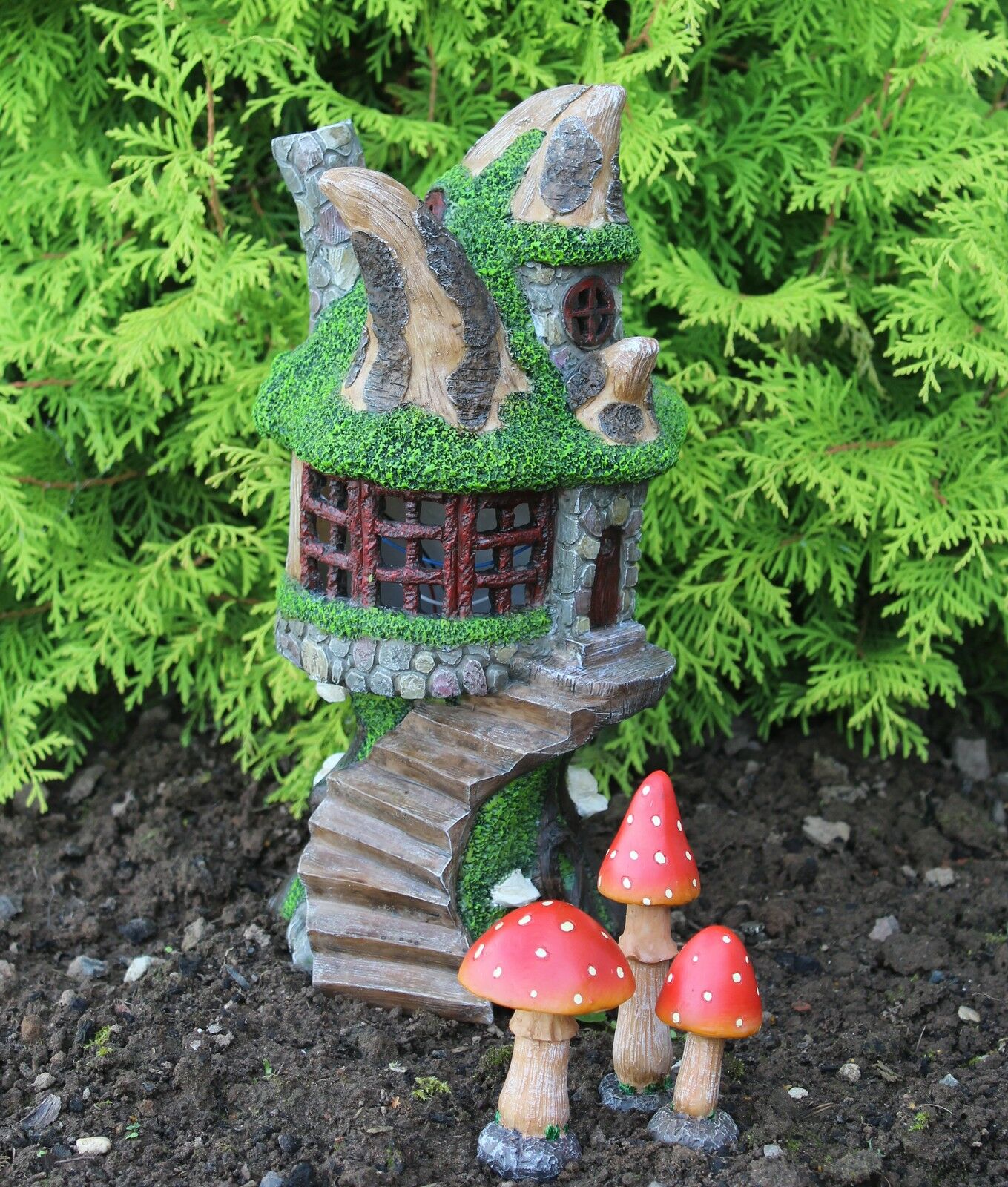 Solar Powered Fairy Tree Log House & Mushrooms - Image 4