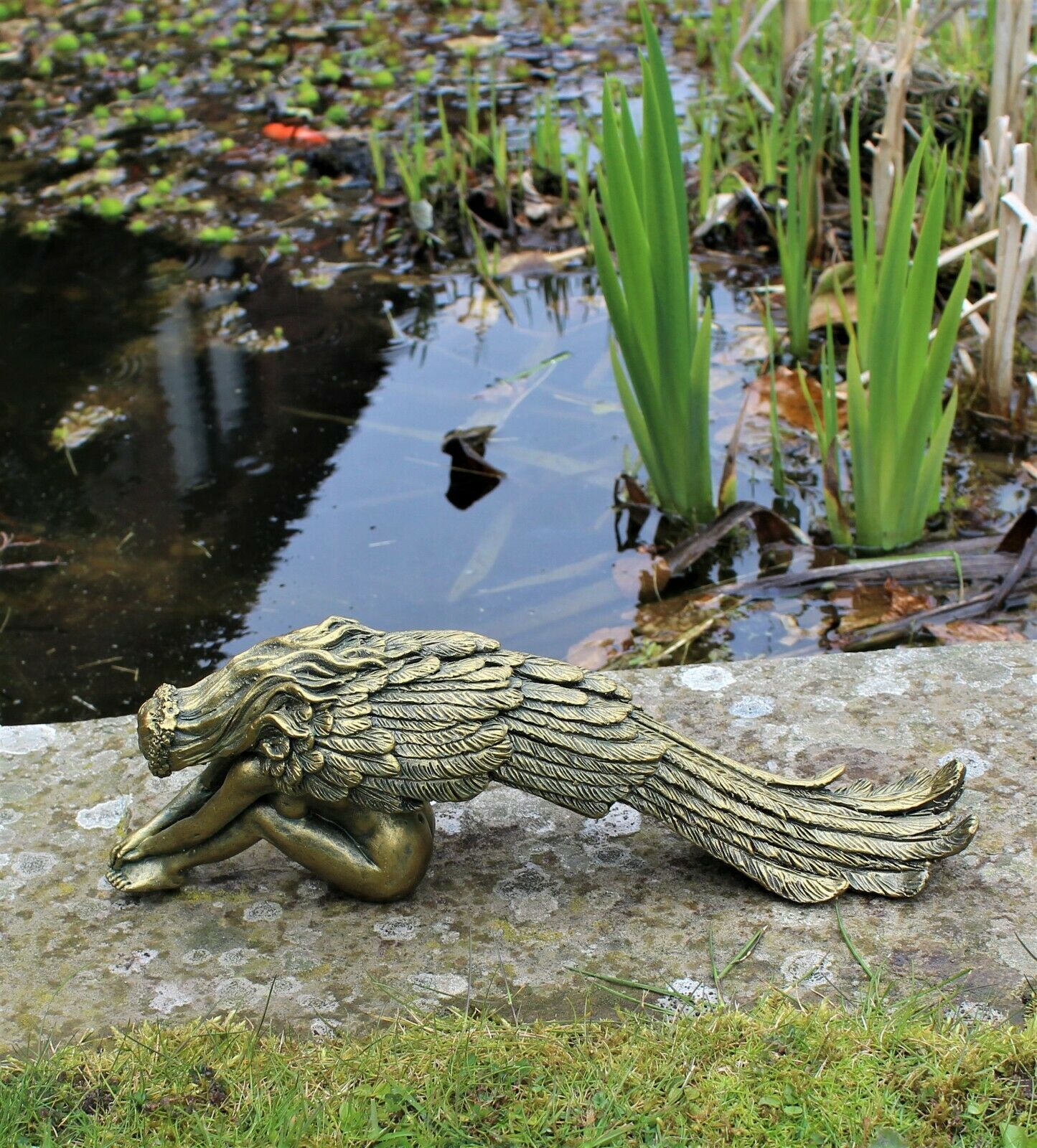 Bronze Long Sitting Fairy Angel Garden Ornament Statue - Image 3